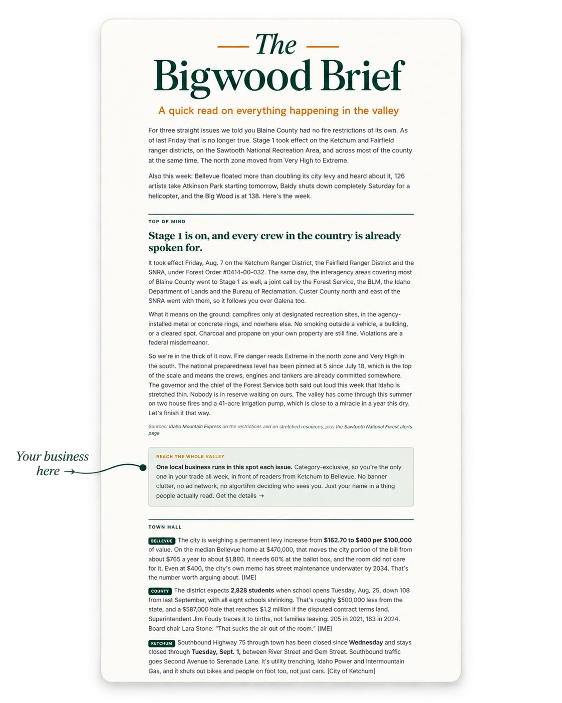 A Bigwood Brief issue with the sponsor placement marked inside the newsletter.